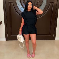 Short Sleeve Tassel Sexy Solid Color Two Piece Set MDF-5397