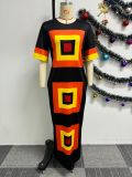 Print Contrast Color Loose Split Maxi Dress NY-10718