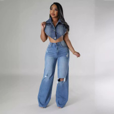 Fashion High-waisted Holes Wide-leg Jeans OM-1736