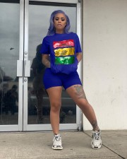 Plus Size Casual Short Sleeve Shorts Print Two Piece Set YMT-6155