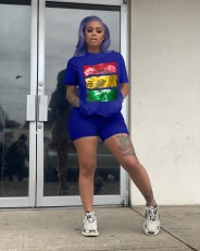 Plus Size Casual Short Sleeve Shorts Print Two Piece Set YMT-6155