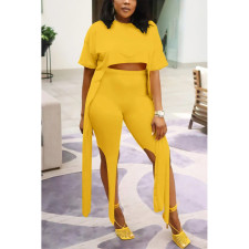 Solid Color Long Flutter Short Sleeve Shorts 2 Piece Set QXTF-8889