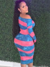 Long Sleeve Stripe Print Midi Dress YMT-6231