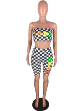 Plaid Letter Print Wrap Chest Two Piece Shorts Set YMT-6009