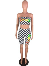 Plaid Letter Print Wrap Chest Two Piece Shorts Set YMT-6009