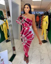 Contrast Color Slash Shoulder Casual Two-Piece Skirt Set YMT-6214