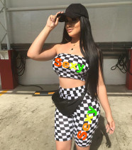 Plaid Letter Print Wrap Chest Two Piece Shorts Set YMT-6009