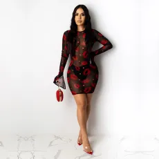 Lip Print Mesh Long Sleeve Mini Dress TE-4671