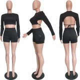 Solid Color Backless Tie Up Two Piece Short Set BGN-166