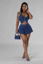 Slim Halter Button Vest Skirts Denim Two Piece Set YMEF-51085