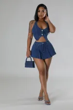 Slim Halter Button Vest Skirts Denim Two Piece Set YMEF-51085