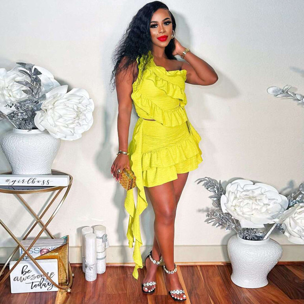 Ruffled One-shoulder Slash Neck Two Piece Skirt Set YNSF-2630