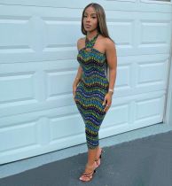 Sexy Print Wrap Chest Tie Up Midi Dress BGN-167