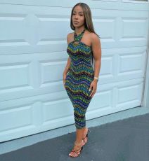 Sexy Print Wrap Chest Tie Up Midi Dress BGN-167
