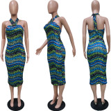Sexy Print Wrap Chest Tie Up Midi Dress BGN-167