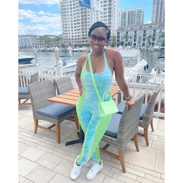 Print Patchwork Halter Backless Jumpsuit QYXZ-9926