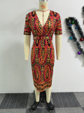 V Neck Print Half Sleeve Back Split Midi Dress NY-10737