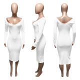 V Neck Off Shoulder Midi Dress ME-951