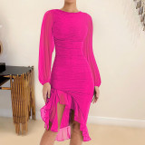 Mesh See Through Long Sleeve Irregular Ruffles Dress ME-8413