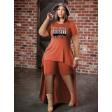 Plus Size Letter Print Extra-long Hemline Top Two Piece Shorts Set QYXZ-99721