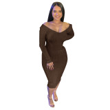 V Neck Off Shoulder Midi Dress ME-951