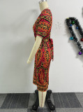 V Neck Print Half Sleeve Back Split Midi Dress NY-10737