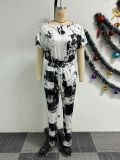 Print Short Sleeve One Shoulder Jumpsuit NY-10720