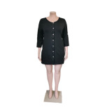 Plus Size 3/4 Sleeve Single-Breasted Casual Dress QYXZ-9976
