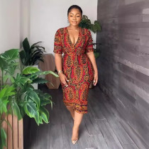 V Neck Print Half Sleeve Back Split Midi Dress NY-10737