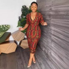 V Neck Print Half Sleeve Back Split Midi Dress NY-10737