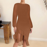 Mesh See Through Long Sleeve Irregular Ruffles Dress ME-8413