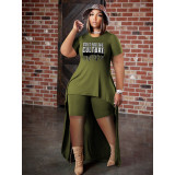 Plus Size Letter Print Extra-long Hemline Top Two Piece Shorts Set QYXZ-99721