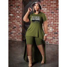 Plus Size Letter Print Extra-long Hemline Top Two Piece Shorts Set QYXZ-99721