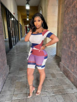 Sexy Print Tie Up Patchwork Short Sleeve Romper QYXZ-9925