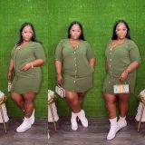 Plus Size 3/4 Sleeve Single-Breasted Casual Dress QYXZ-9976