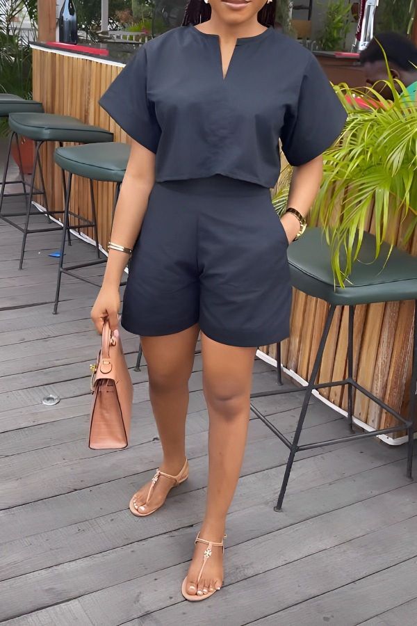 Solid Color Loose Short Sleeve Two Piece Set BGN-303