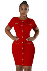 Short Sleeve Single Breasted Knits Mini Dress OSM-4408short