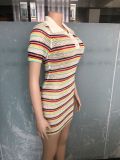 Lapel Neck Stripe Knits Mini Dress OSM-4450