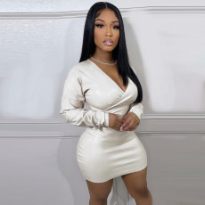 Long Sleeve V Neck Solid Mini Dress BGN-274