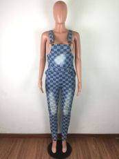 Plaid Sexy Holes Denim Sling Jumpsuit LA-3173