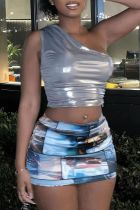 Single Shoulder Tops And Print Skirt 2 Piece Set GBGF-23011