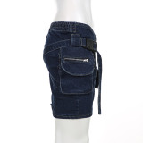 Fashion Cross Button Pleated Denim Skirt GLRF-LR05887
