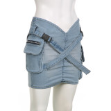 Fashion Cross Button Pleated Denim Skirt GLRF-LR05887