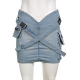 Fashion Cross Button Pleated Denim Skirt GLRF-LR05887