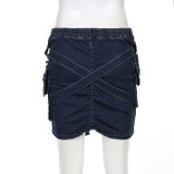 Fashion Cross Button Pleated Denim Skirt GLRF-LR05887