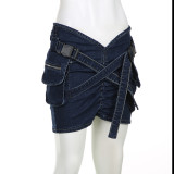 Fashion Cross Button Pleated Denim Skirt GLRF-LR05887