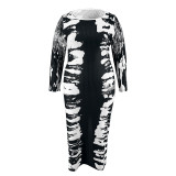 Plus Size Print Long Sleeve Tight Maxi Dress GDAM-218372