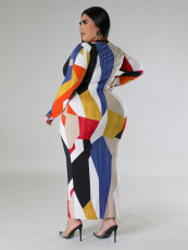 Plus Size Print V Neck Long Sleeve Maxi Dress GDAM-218332