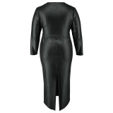 Plus Size PU Leather Long Sleeve Long Skirt 2 Piece Set GDAM-8801
