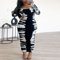 Plus Size Print Long Sleeve Tight Maxi Dress GDAM-218372